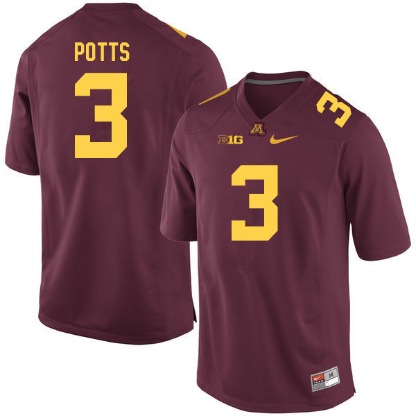 Men #3 Trey Potts Minnesota Golden Gophers College Football Jerseys Sale-Maroon